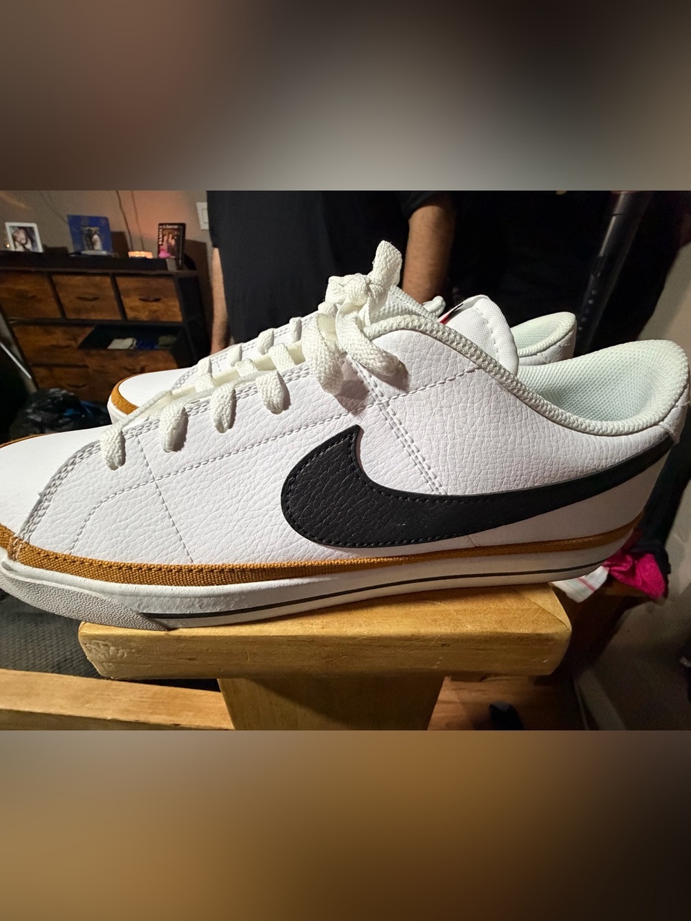 Nike White Leather Low-Top Sneakers with Black Swoosh and Tan Trim